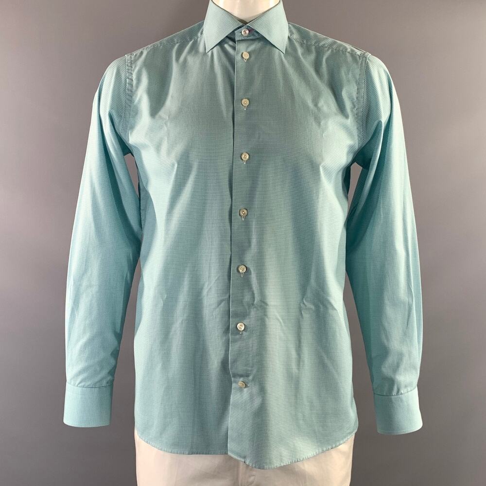 ETON Size 40 Green White Gingham Cotton Button Up Long Sleeve Shirt